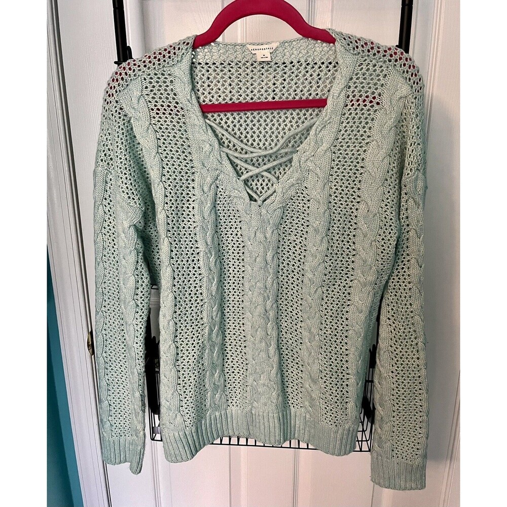 Aeropostale Womens Sweater Pullover Lace Up VNeck Light Blue Size M Lightly Worn
